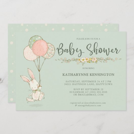 Cute  Bunny Floral Baby shower Kaart (Voorkant / Achterkant)