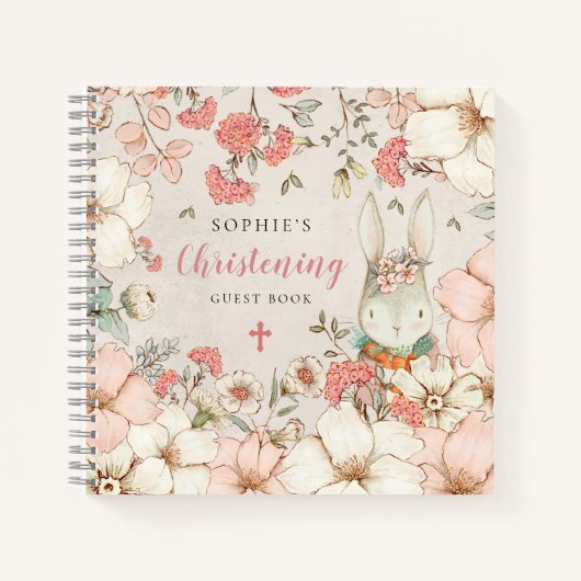 Cute Bunny Floral Christening Alternate Guest Book Notitieboek (Voorkant)