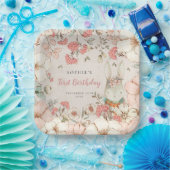 Cute Bunny Floral First Birthday Party Papieren Bordje (Feest)