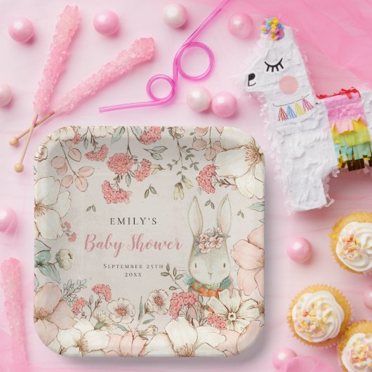 Cute Bunny Floral Foliage Baby shower Papieren Bordje (Feest)