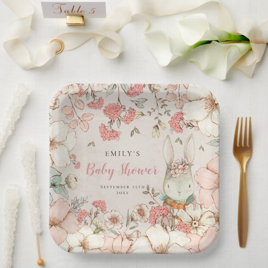 Cute Bunny Floral Foliage Baby shower Papieren Bordje (Huwelijk)