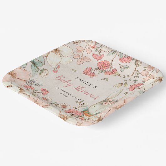 Cute Bunny Floral Foliage Baby shower Papieren Bordje (Gebogen)