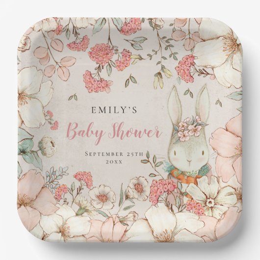Cute Bunny Floral Foliage Baby shower Papieren Bordje (Voorkant)