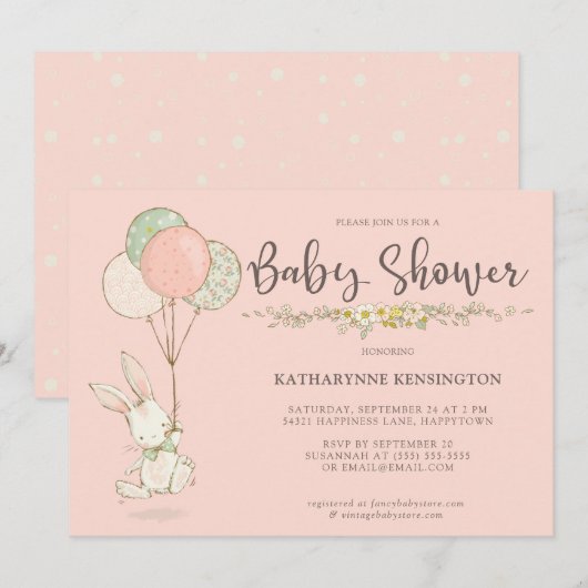 Cute  Bunny Floral Girl Baby shower Kaart (Voorkant / Achterkant)