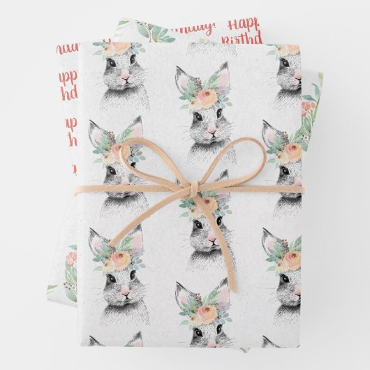 Cute Bunny Floral Inpakpapier Vel (In situ)