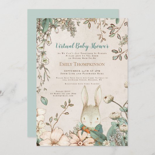  Cute Bunny Floral Leaf Virtual Baby shower Kaart (Voorkant / Achterkant)