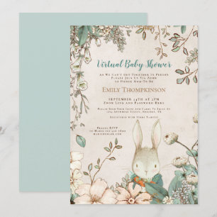 Cute Bunny Floral Leaf Virtual Baby shower Kaart