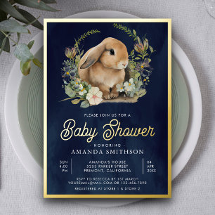 Cute Bunny Floral Navy Blue Baby shower Gold Folie Uitnodiging