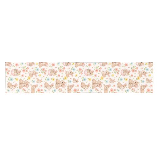 Cute Bunny Floral Spring Pattern Korte Tafelloper (Horizontaal)