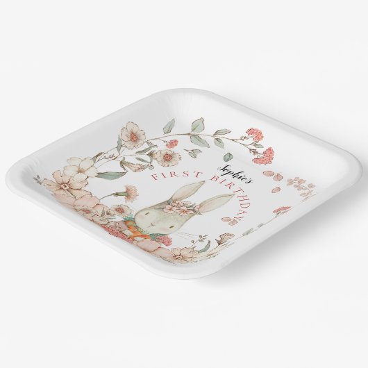  Cute Bunny Florals Girl 1ste verjaardag Papieren Bordje (Gebogen)