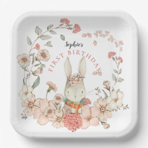 Cute Bunny Florals Girl 1ste verjaardag Papieren Bordje