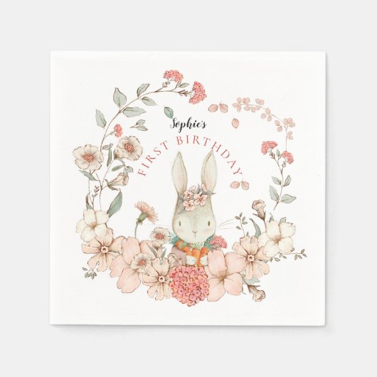 Cute Bunny Florals Girl First Birthday Servet (Voorkant)