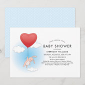 Cute Bunny Flying Heart Balloon Baby shower Invite Kaart (Voorkant / Achterkant)
