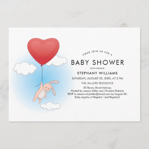 Cute Bunny Flying Heart Balloon Baby shower Invite Kaart
