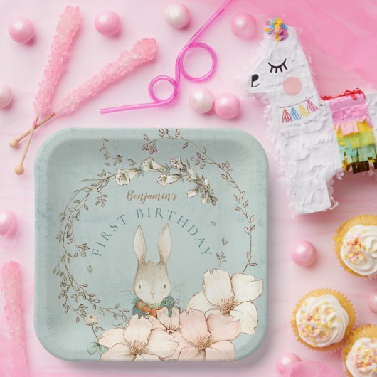  Cute Bunny Foliage Boy 1st Birthday Papieren Bordje (Feest)