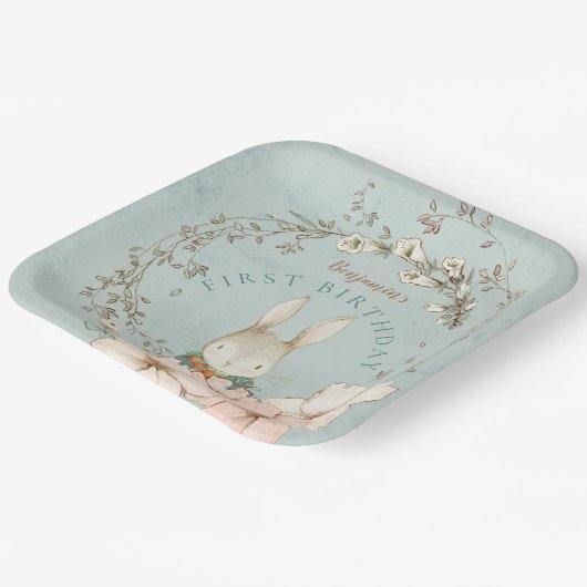  Cute Bunny Foliage Boy 1st Birthday Papieren Bordje (Gebogen)