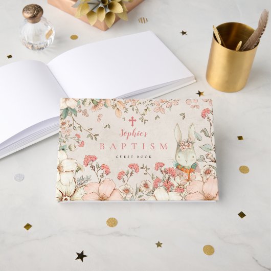 Cute Bunny Foliage Girl Blush Baptisme Gastenboek (Voorkant open)