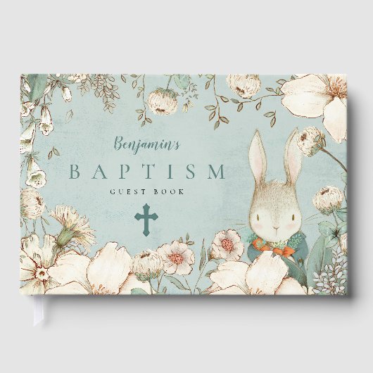 Cute Bunny Foliage Powder Blue Baptisme Gastenboek (Voorkant)