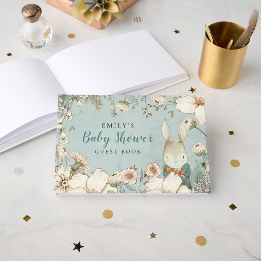 Cute Bunny Foliage Power Blue Baby shower Gastenboek (Voorkant open)