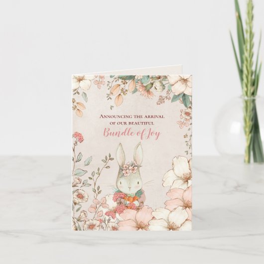  Cute Bunny Foto Florals Girl Cream Birth Aankondiging (Voorkant)