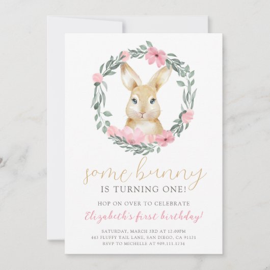 Cute Bunny Girl Birthday Party Invitation Kaart (Voorkant)