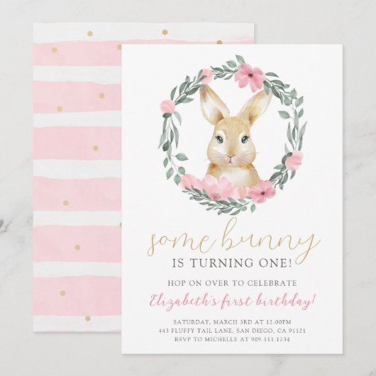 Cute Bunny Girl Birthday Party Invitation Kaart (Voorkant / Achterkant)