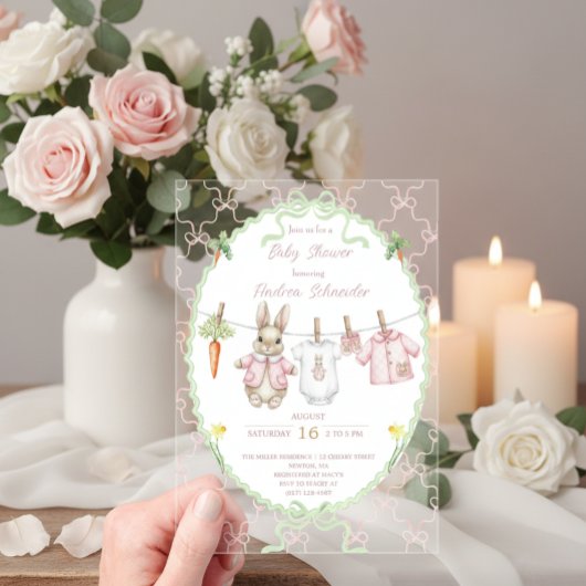 Cute Bunny Girl Clothesline Baby Shower  Acryl Uitnodigingen