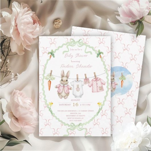 Cute Bunny Girl Clothesline Baby Shower  Kaart