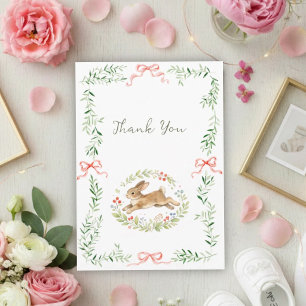 Cute Bunny Girl Roze Bloem Boog Baby Shower Bedankkaart