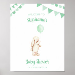 Cute Bunny & Green Balloon Waterverf Baby shower Poster