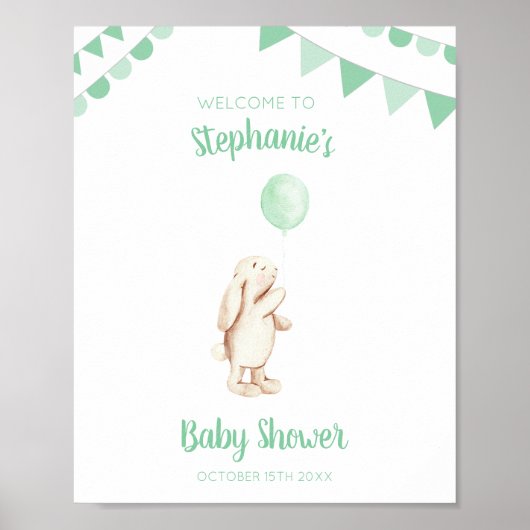 Cute Bunny & Green Balloon Waterverf Baby shower Poster (Voorkant)