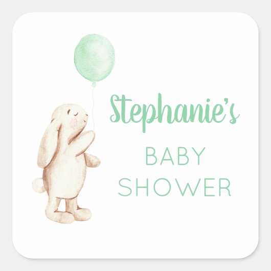Cute Bunny & Green Balloon Waterverf Baby shower Vierkante Sticker (Voorkant)