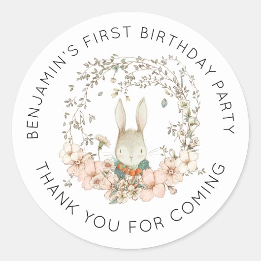 Cute Bunny Greenery 1st Birthday Dank je Ronde Sticker (Voorkant)