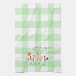 Cute Bunny Happy Paaster Roze Flowers Green Pset Theedoek
