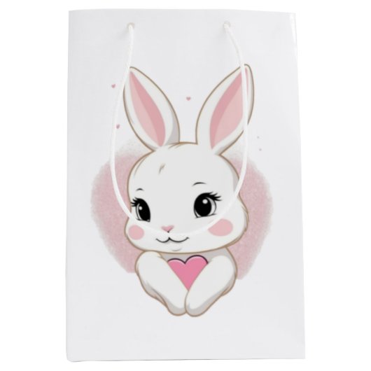 Cute Bunny Holding Heart | Romantic Design Medium Cadeauzakje (Voorkant)