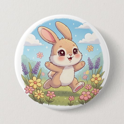 Cute Bunny Hopping in a Flower Field Ronde Button 7,6 Cm (Voorkant)