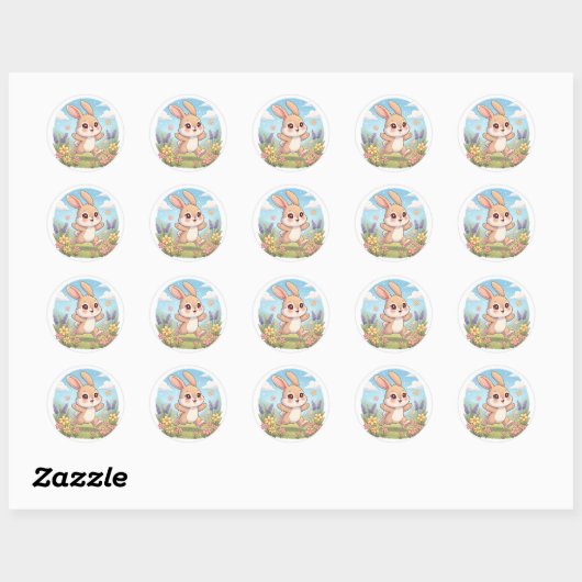 Cute Bunny Hopping in a Flower Field Ronde Sticker (Vel)