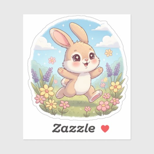 Cute Bunny Hopping in a Flower Field Sticker (Vel)