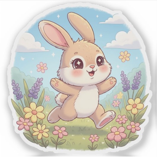 Cute Bunny Hopping in a Flower Field Sticker (Voorkant)