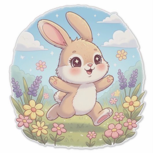 Cute Bunny Hopping in a Flower Field Sticker (Voorkant)