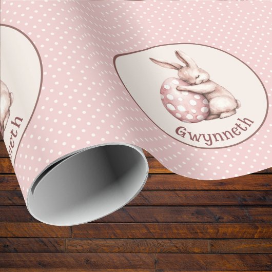 Cute Bunny Hugging Polka Dot Egg Monogram Cadeaupapier