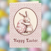 Cute Bunny Hugging Polka Dot Egg Monogram Kaart