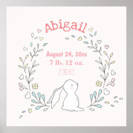 Cute Bunny in a Wreath - Birth Stats Nursery Art Poster