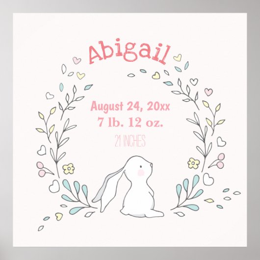Cute Bunny in a Wreath - Birth Stats Nursery Art Poster (Voorkant)
