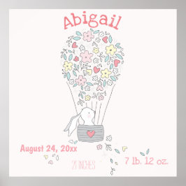 Cute Bunny in Air Balloon Birth Stats Nursery Art Poster