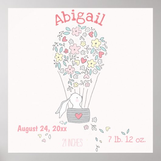 Cute Bunny in Air Balloon Birth Stats Nursery Art Poster (Voorkant)