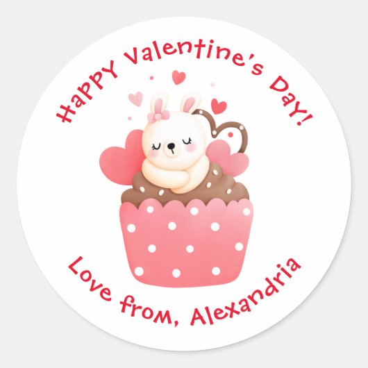 Cute Bunny in Cupcake Custom Kinder Valentijnsdag Ronde Sticker (Voorkant)