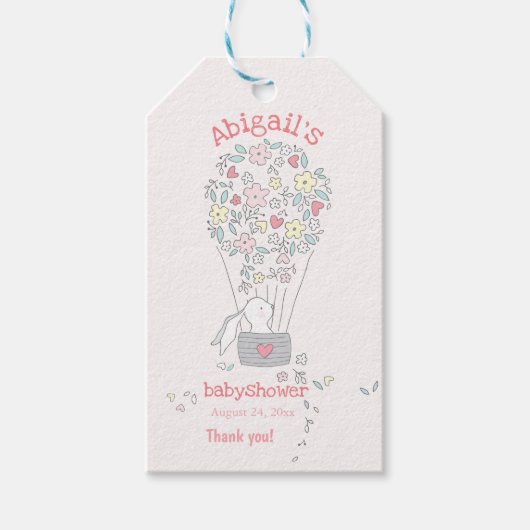 Cute Bunny in luchtballon - Babydouche bedankt Cadeaulabel (Voorkant)