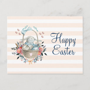 Cute Bunny in mandje en Florals Happy Pasen Feestdagenkaart