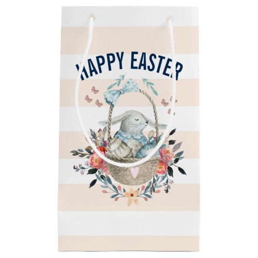 Cute Bunny in mandje en  Florals Happy Pasen Klein Cadeauzakje (Voorkant)